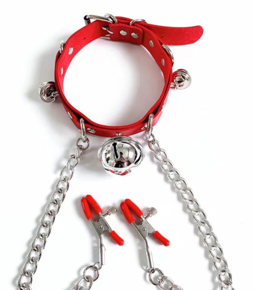 Κολάρο και Σφικτήρες Θηλών Collar and Nipple Clamps with Bells Red